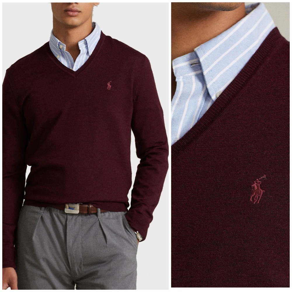 Polo Ralph Lauren Washable Wool Slim Fit V-Neck Sweater in Wine Size M EUC
